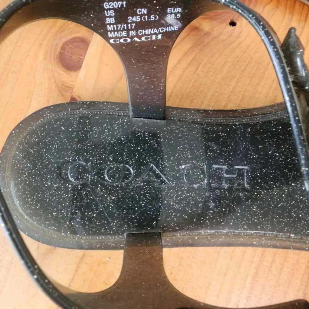 Coach Sandals Womens Size 8 Black Jelly Floral Thong Glitter Strap Logo